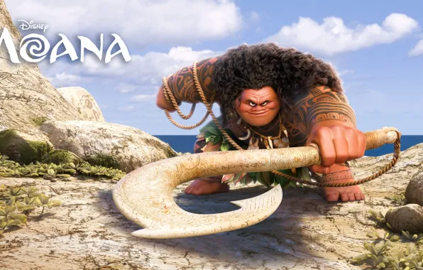 Picture sea, stones, weapons, cartoon, rope, fantasy, Walt Disney Pictures, Maui