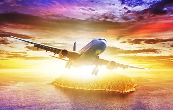 Picture sea, the sky, the sun, flight, landscape, island, glow, the plane