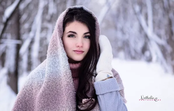 Picture winter, look, snow, trees, background, model, portrait, makeup
