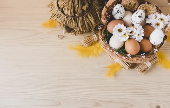 Flowers, Feathers, Easter, Eggs, Basket, Holiday