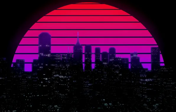 Wallpaper The sun, Night, Music, The city, Star, Building, Background, 80s  for mobile and desktop, section рендеринг, resolution 2560x1440 - download