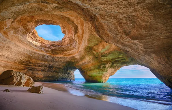 Sand, sea, rock, stones, shore, arch, Portugal, portugal