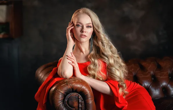 Picture look, girl, pose, sofa, hands, blonde, red dress, long hair