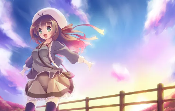 Girl, trees, sunset, smile, mood, street, art, hirose madoka