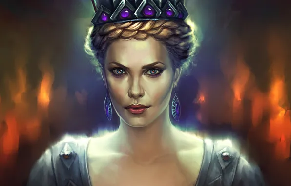 Picture earrings, crown, dress, art, Charlize Theron, Queen, Snow White and the Huntsman, Snow white and …