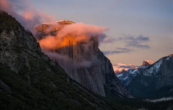 Clouds, trees, landscape, sunset, mountains, nature