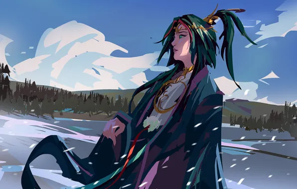 Winter, snow, decoration, priestess, long hair, Japanese clothing, blue sky, amulets