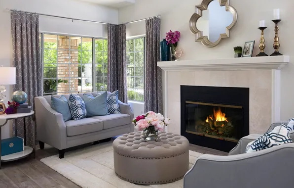 Flowers, design, table, room, sofa, mirror, window, fireplace