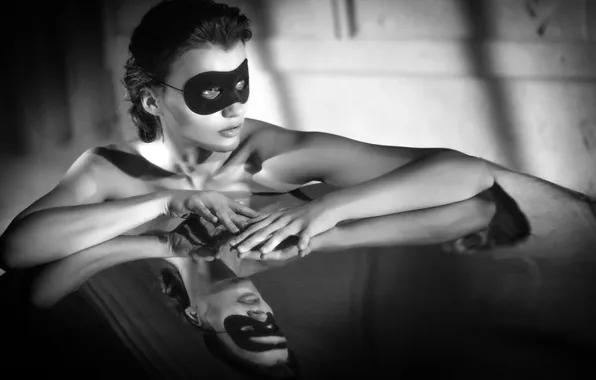 Girl, reflection, model, black and white, mask, photoshoot