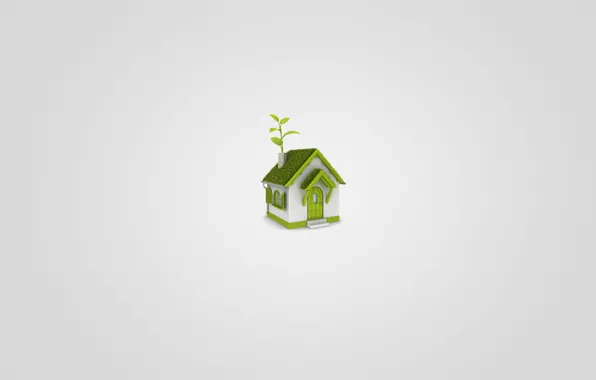 White, grass, leaves, green, house, minimalism, house, light background