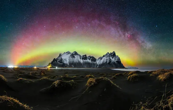 The sky, mountains, night, shore, The milky way, Iceland, pond