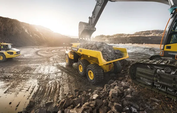 Stones, Volvo, excavator, the ground, quarry, dump truck, loading, mining truck