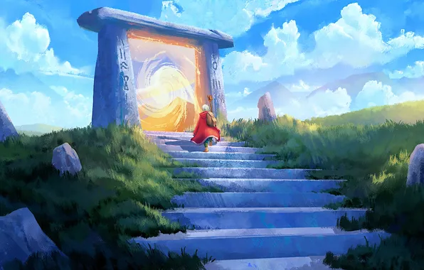 Portal, grass, fantasy, sky, clouds, rocks, digital art, artwork