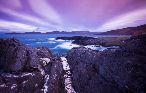 Picture the sky, clouds, mountains, lake, rocks