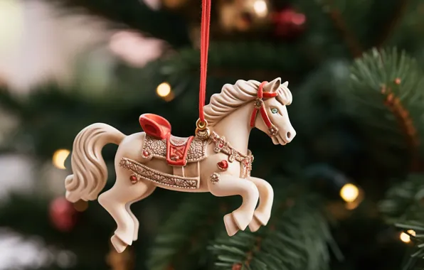 Branches, lights, horse, horse, toy, Christmas, New year, tree