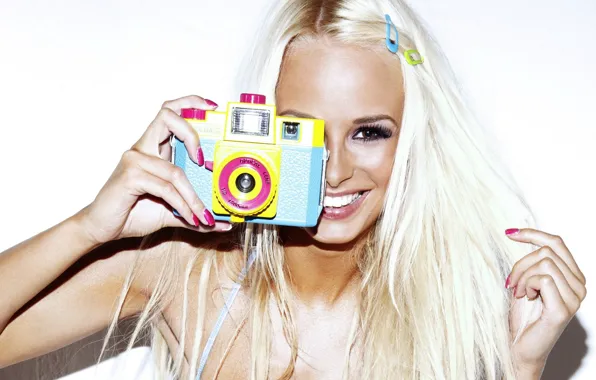 Girl, smile, the camera, blonde, Rhian Sugden