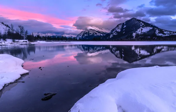 Winter, snow, mountains, lake, reflection, Canada, Albert, Banff National Park