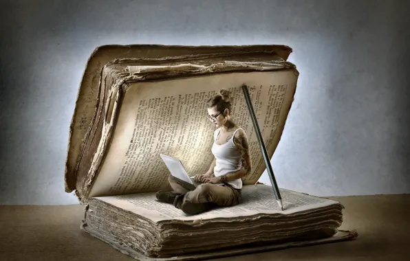 Picture woman, notebook, book, adventure