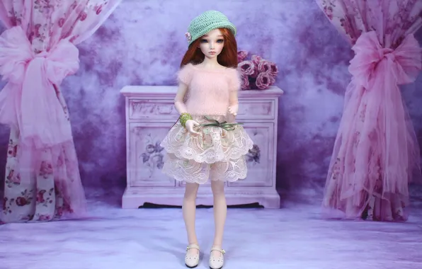 Hat, toy, skirt, doll, is, sweater