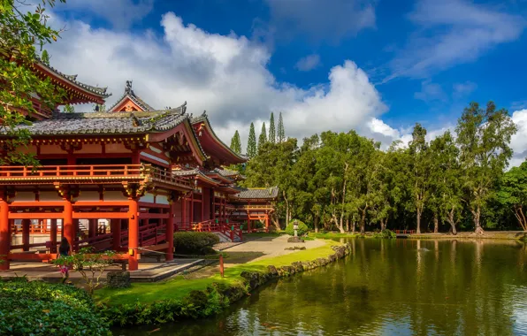 Trees, pond, Park, Japan, temple, Japan, Uji, Uji