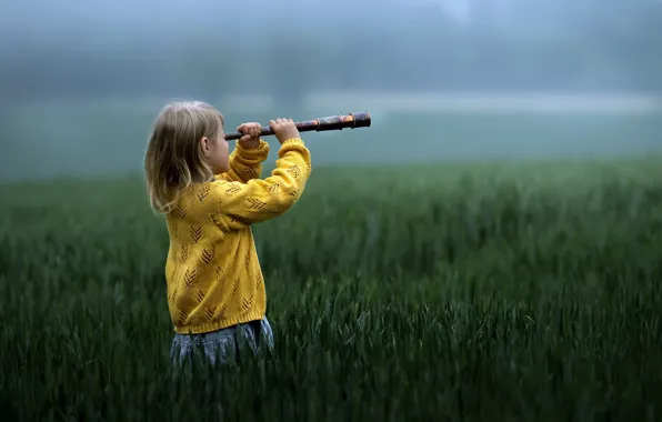 Field, girl, spyglass