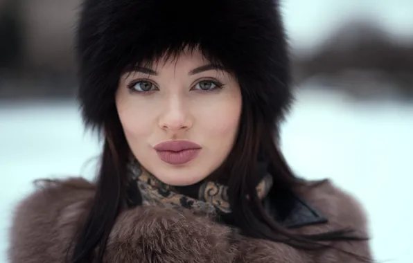 Winter, look, girl, hat, portrait, makeup, scarf, brunette
