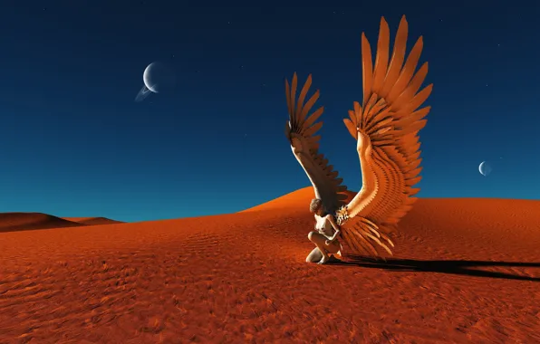 Sand, the sky, girl, stars, fiction, desert, planet, wings