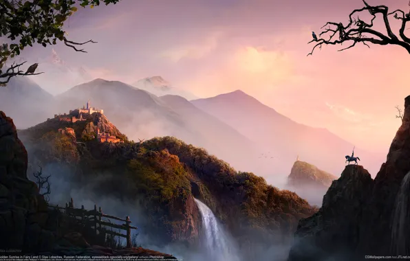 Road, mountains, sunrise, castle, the fence, waterfall, hero, rider