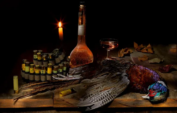 Wine, bird, glass, bottle, food, candle, black background, still life