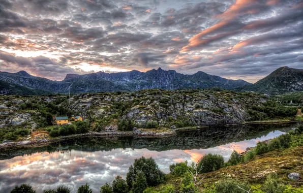 Picture the sky, clouds, trees, mountains, river, stones, rocks, HDR