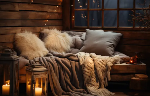 Comfort, heat, room, furniture, interior, pillow, candles, Christmas