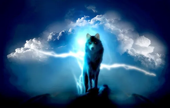 Picture clouds, wolf, glow, top, glow, wolf, fantasy art, peak