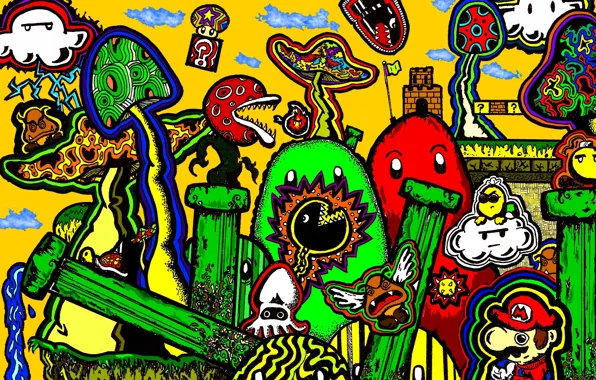 Fantasy, mushrooms, Mario, figure, mario, abstraction, psychedelic, psychedelic