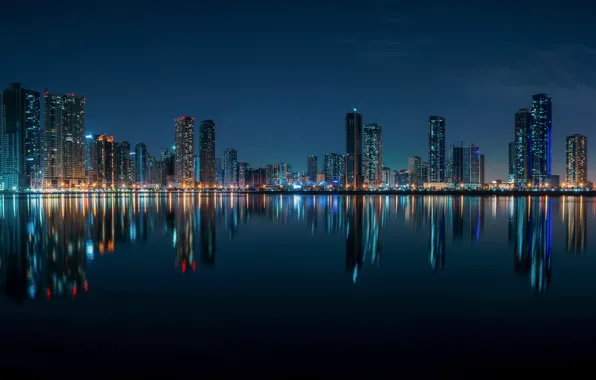 Water, reflection, building, home, night city, skyscrapers, UAE, The Persian Gulf