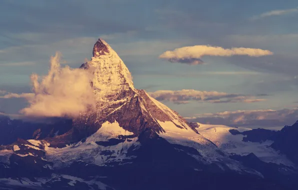 Clouds, light, snow, Switzerland, Alps, Matterhorn