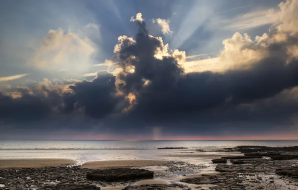 Picture sea, the sky, clouds, coast, horizon, UK, the rays of the sun, Wales