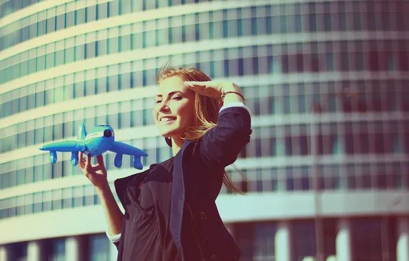 Picture girl, smile, the plane, background, mood, Wallpaper, toy, blonde