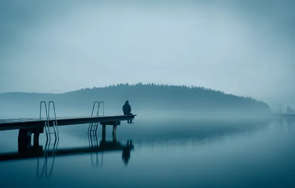 Bridge, nature, fog, lake, people