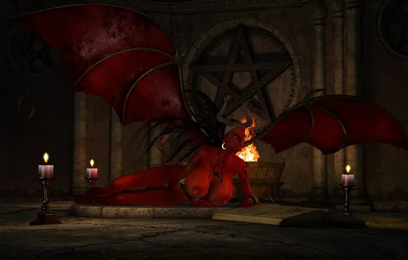 Chest, naked, wings, candles, the demon, book, pentagram, demoness