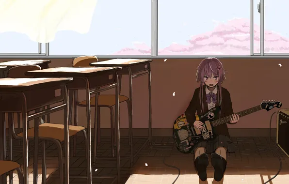 Picture girl, guitar, petals, window, vocaloid, school, sitting, office