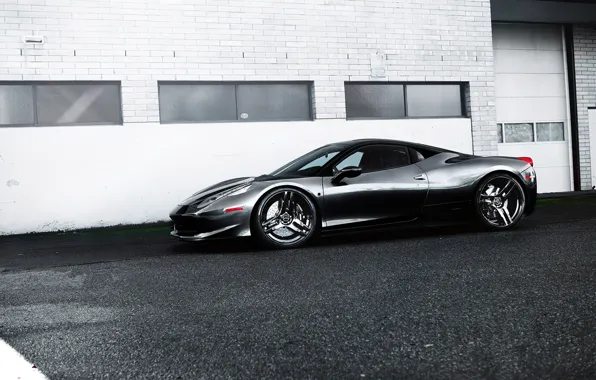 Picture grey, black, the building, Windows, profile, wheels, ferrari, Ferrari
