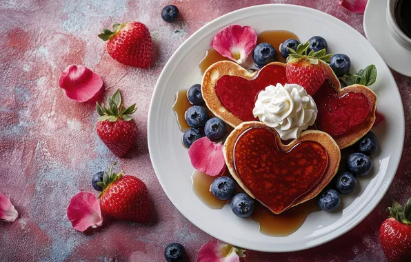 Berries, table, petals, blueberries, strawberry, hearts, pink background, cream