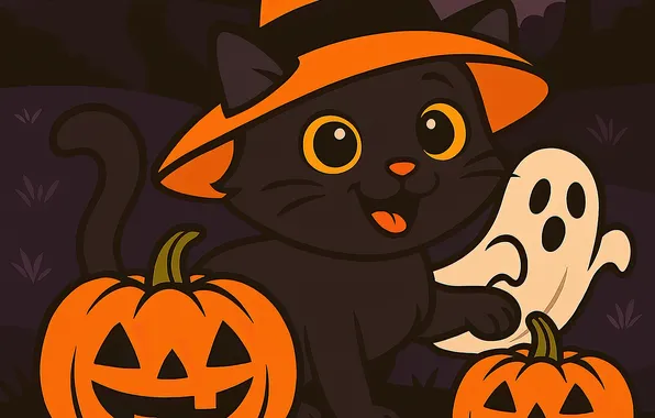 Autumn, cat, cat, look, leaves, night, pose, darkness