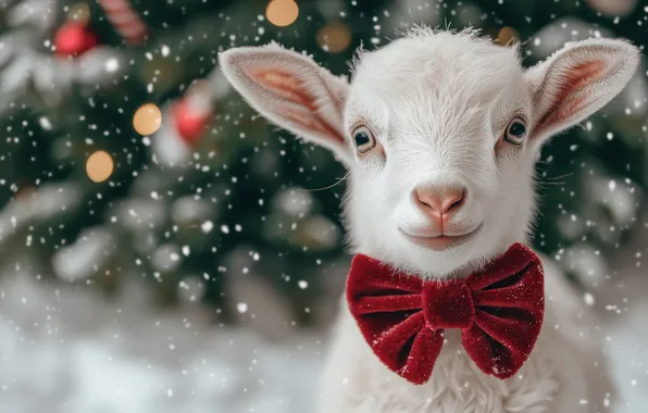 Winter, white, snow, red, lights, goat, Christmas, New year