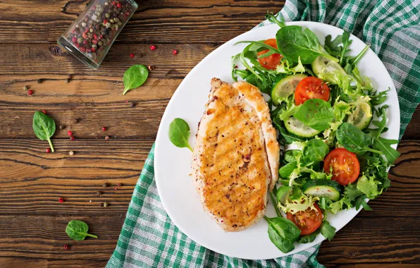 Leaves, chicken, plate, vegetables, tomatoes, salad
