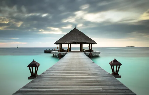 Picture the ocean, shore, pierce, The Maldives, resort, Bungalow