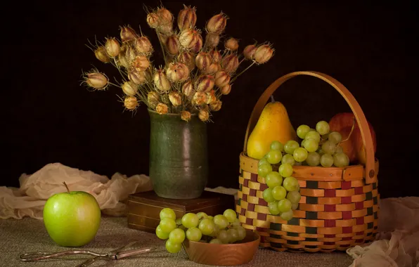 Flowers, Apple, bouquet, grapes, still life, basket