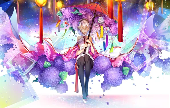 Umbrella, dress, lights, microphone, vocaloid, bells, sitting, Vocaloid