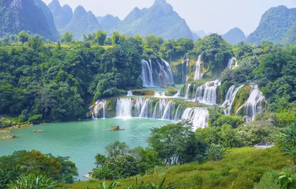 Trees, mountains, nature, boat, Paradise, waterfall, beauty