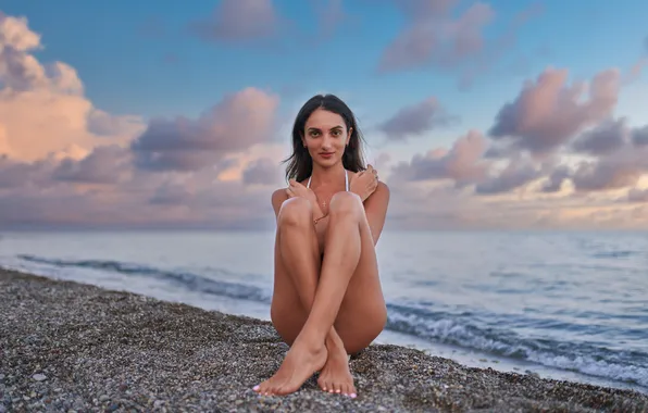 Girl, clouds, smile, brunette, horizon, legs, coast, Andrei Filonenko